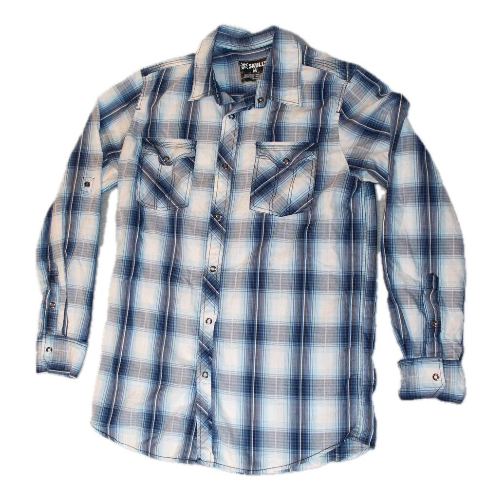 Skully Shirt Mens Medium Blue‎ Plaid Long Sleeve Snap Up Lightweight Western